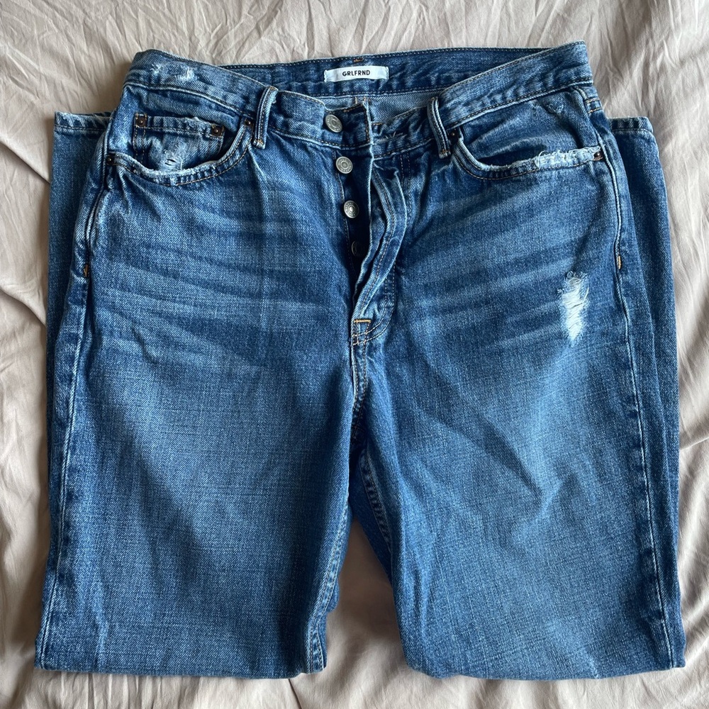 GRLFRND Blue Distressed Denim Shorts